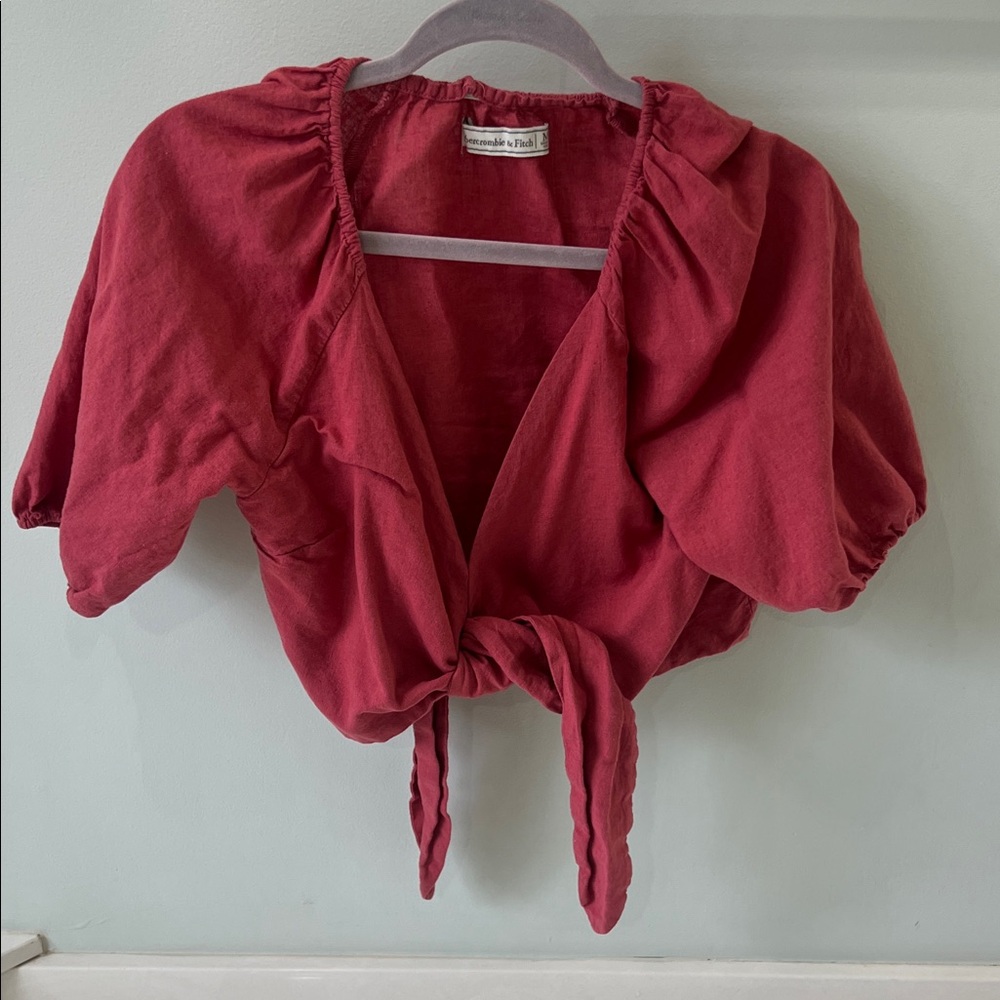 Abercrombie & Fitch Linen-Blend Tie-Front Puff Sleeve Crop Top Size M